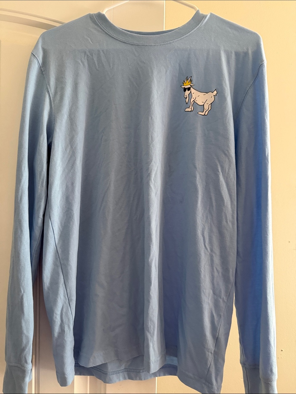 Light Blue Long Sleeve Tee with Crowned Goat Graphic